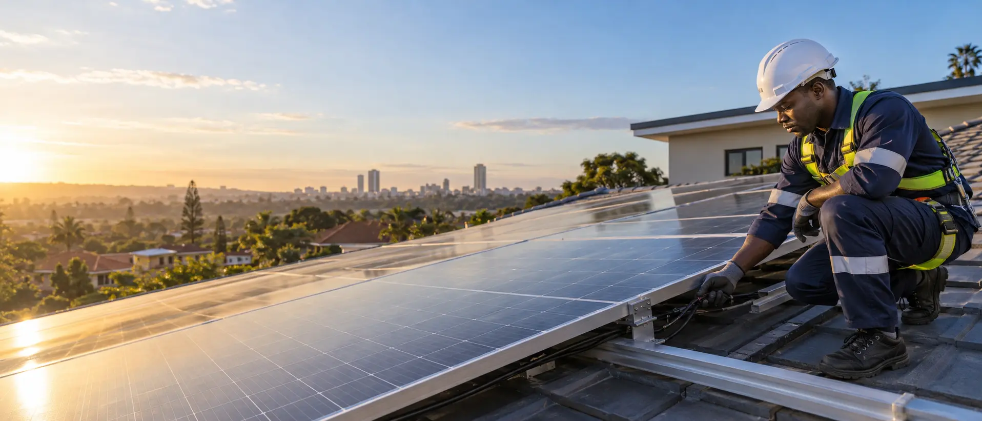 Solar technician inspecting rooftop solar panels