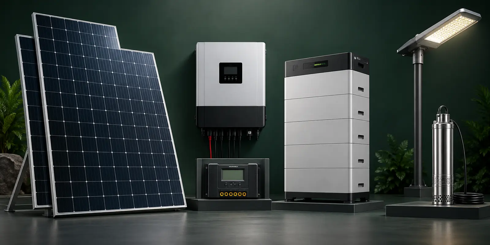 Solar panels, inverter, battery, controller, street light and water pump